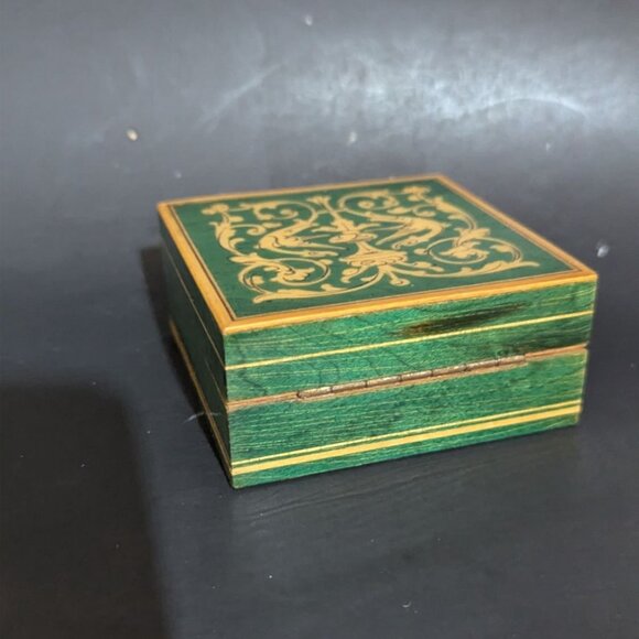 Italian Handcrafted Wooden Trinket Box Green & Gold Floral Design Vintage Decor - Picture 9 of 9